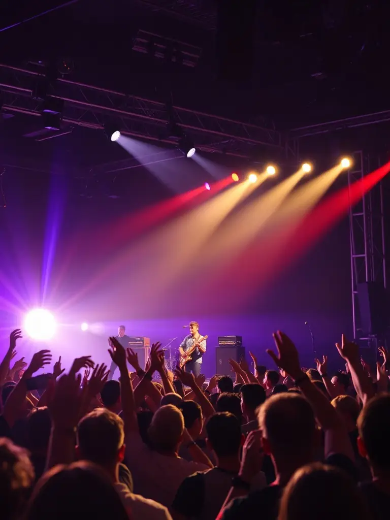 A vibrant photograph capturing a live music performance organized by Alambik Musik, showcasing a diverse group of musicians on stage, bathed in colorful stage lighting, with an enthusiastic audience in the foreground.