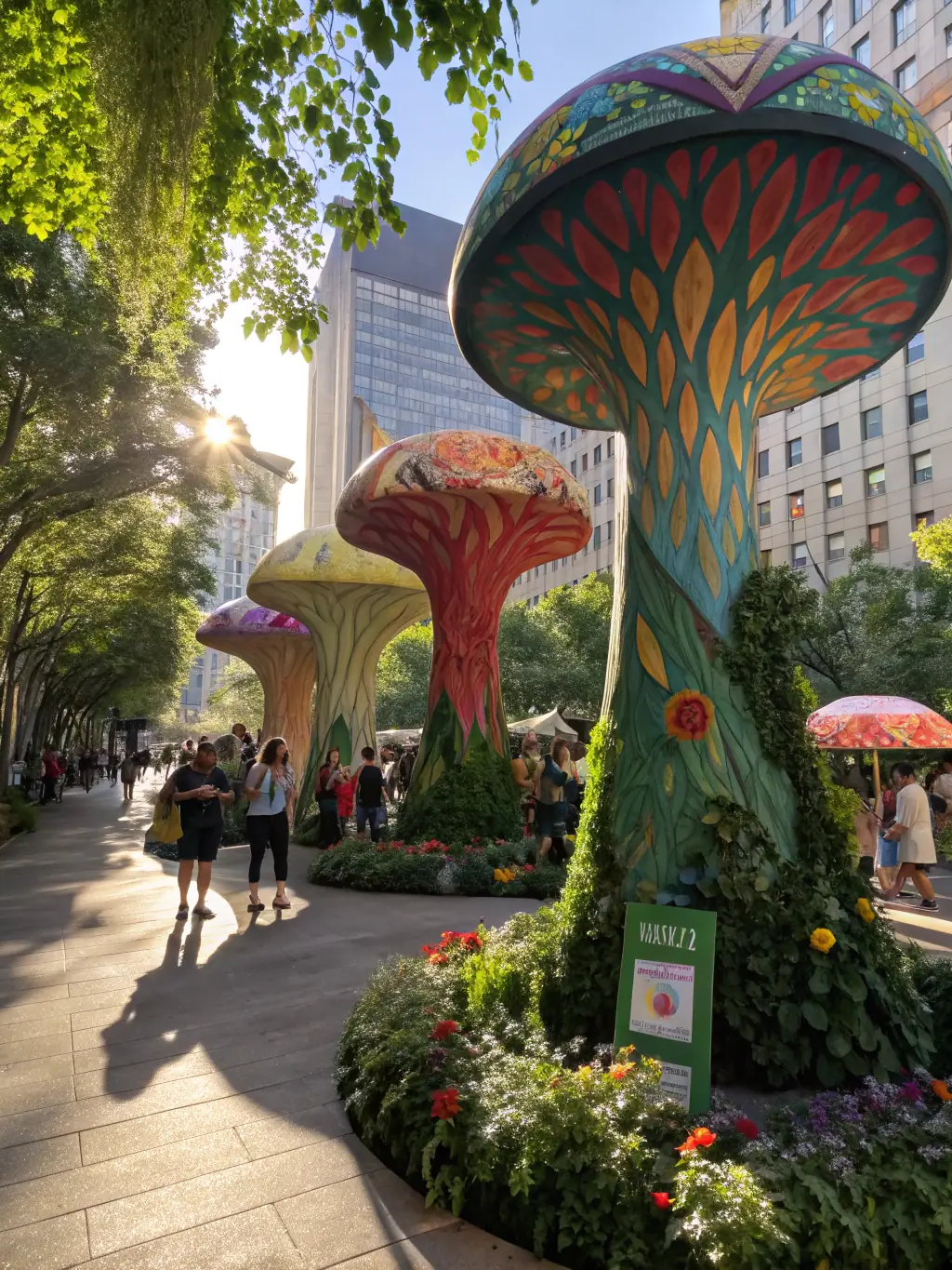 A photograph of a cultural project supported by Alambik Musik, depicting a community art installation in a public space, with people of different ages and backgrounds interacting with the artwork.