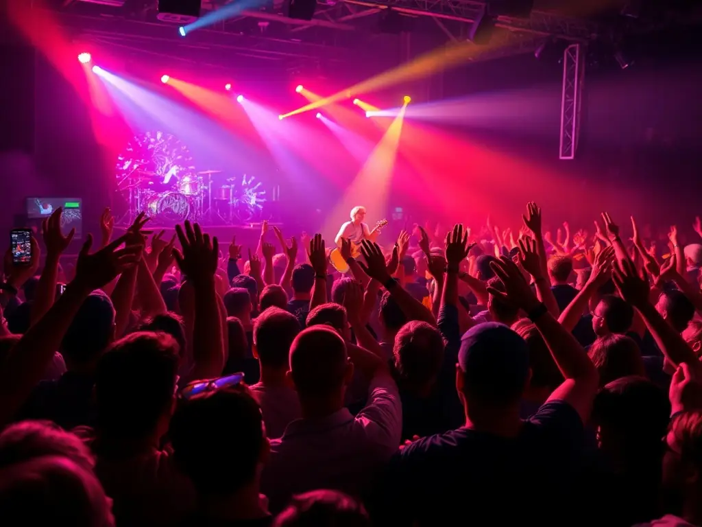 A vibrant photograph capturing a live music performance with dynamic lighting and an engaged audience, showcasing the energy and excitement of ALAMBIK MUSIK's live events.