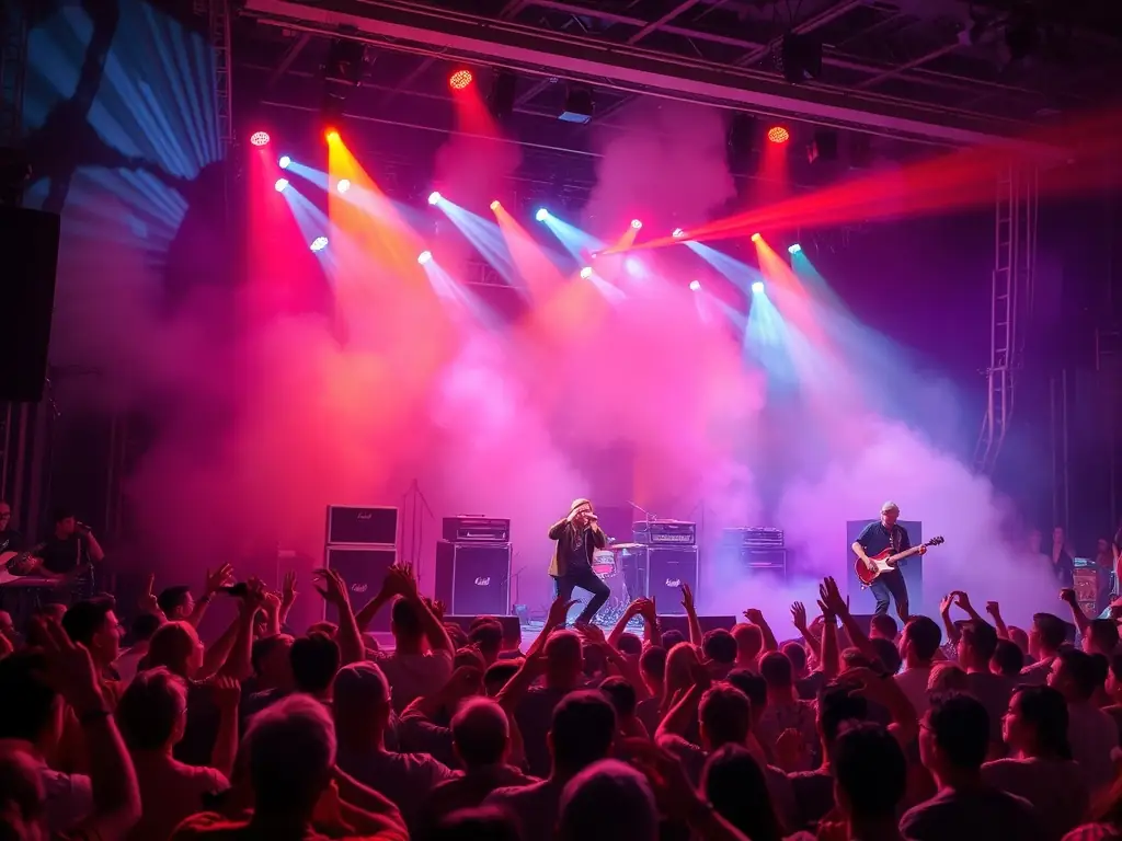 An energetic live concert scene with artists performing on stage, vibrant lighting, and an engaged audience, representing Alambik Musik's live performance production service.